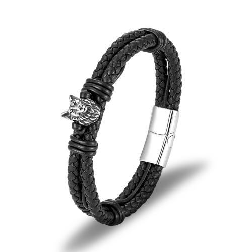 Leather Cord Bracelet, 304 Stainless Steel, with leather cord, Round, polished, Double Layer & different size for choice & for man, more colors for choice, Sold By PC