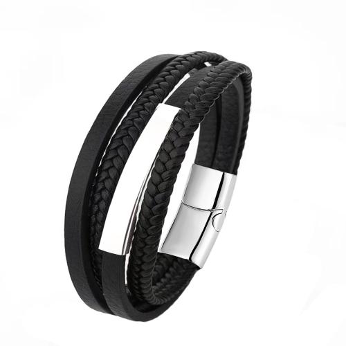 Lederband Armband, 304 Edelstahl, mit Lederband, rund, poliert, mehrschichtig & verschiedene Größen vorhanden & für paar, keine, verkauft von PC
