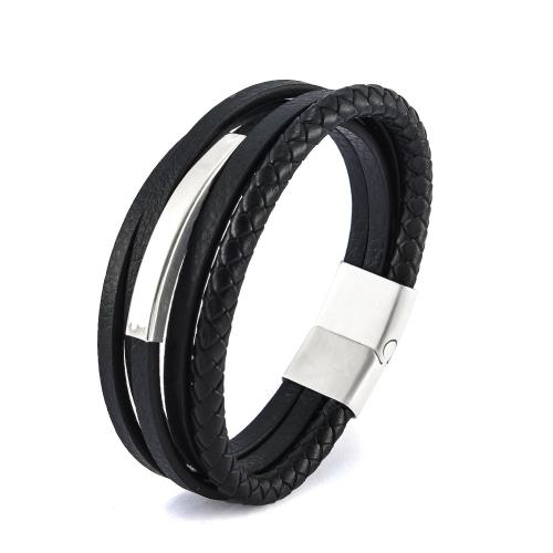 Leather Cord Bracelet, 304 Stainless Steel, with leather cord, Round, plated, multilayer & different size for choice & for man, more colors for choice, Sold By PC