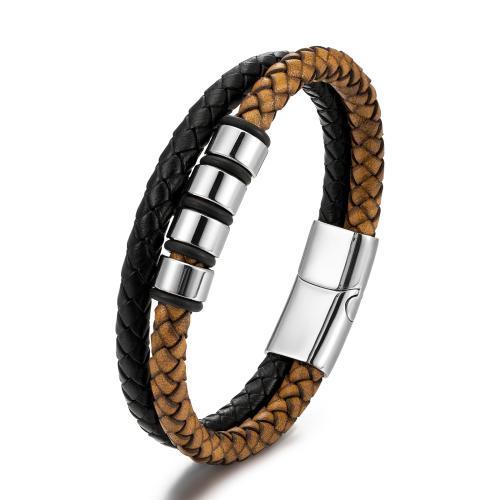 Leather Cord Bracelet, 304 Stainless Steel, with Leather, polished, Double Layer & different size for choice & for man, more colors for choice, Sold By PC