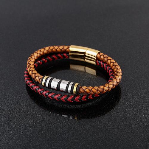 Leather Cord Bracelet, 304 Stainless Steel, with Leather, plated, three layers & different size for choice & for man, more colors for choice, Sold By PC