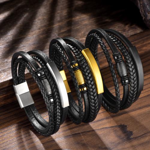 Leather Cord Bracelet, 304 Stainless Steel, with Magnet & leather cord, polished, multilayer & different size for choice & for man, more colors for choice, Sold By PC