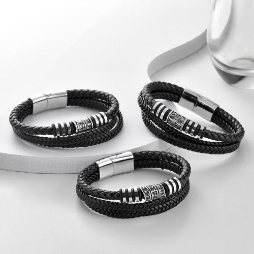 Bracelet cordon en cuir, Acier inoxydable 304, avec cordon en cuir, trois couches & normes différentes pour le choix & pour homme, plus de couleurs à choisir, Vendu par PC
