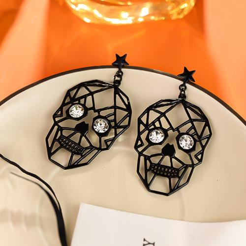 Tibetan Style Drop Earring, Skull, plated, for woman & with rhinestone & hollow, black, 37x67mm, Sold By Pair