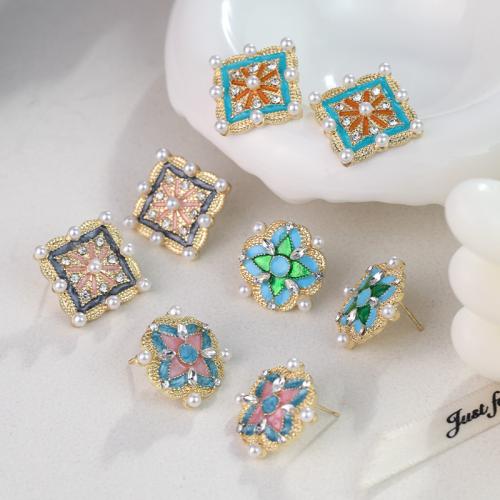 Tibetan Style Stud Earring, with Plastic Pearl, Geometrical Pattern, gold color plated, for woman & enamel, more colors for choice, 25x25mm, Sold By Pair