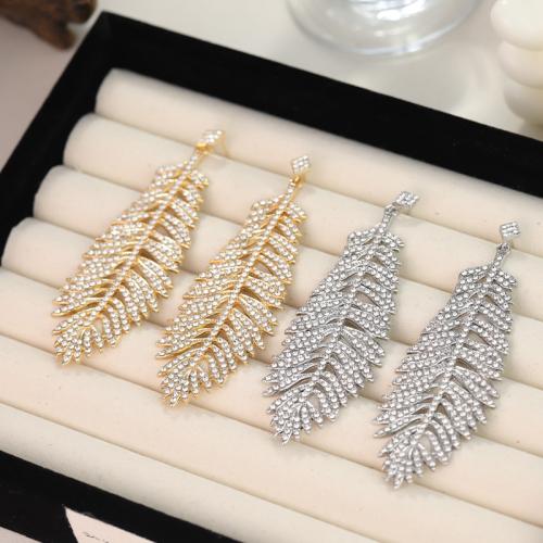 Tibetan Style Drop Earring, Feather, plated, for woman & with rhinestone, more colors for choice, 30x87mm, Sold By Pair