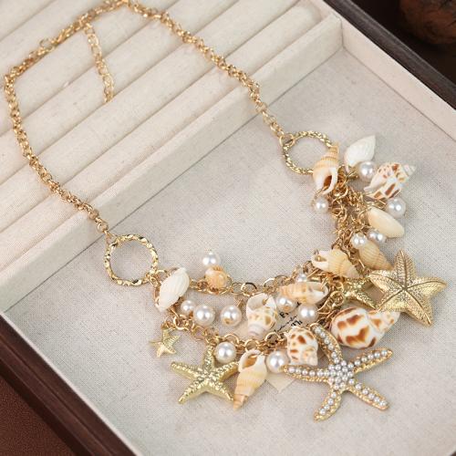 Zinklegierung Halskette, mit Muschel & Kunststoff Perlen, mit Verlängerungskettchen von 1.97inch, goldfarben plattiert, Ozean -Design & Oval-Kette & für Frau, Länge:ca. 17.72 ZollInch, verkauft von PC