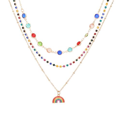 Brass Necklace, Rainbow, gold color plated, three layers & Bohemian style & micro pave cubic zirconia & for woman & enamel, Sold By PC