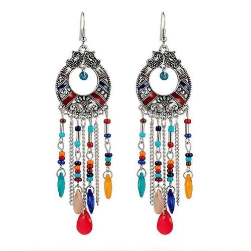 Tibetan Style Tassel Earring, with Seedbead & Crystal, plated, folk style & different styles for choice & for woman, 35x100mm, Sold By Pair