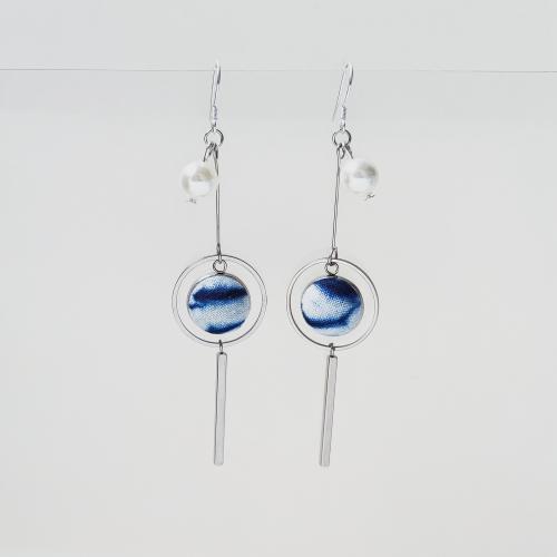 304 Stainless Steel Drop Earring, with Shell Pearl & Cloth, Geometrical Pattern, tie-dye, folk style & for woman, 20x85mm, Sold By Pair