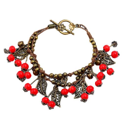 Tibetan Style Bracelet, with Cotton Fabric & Porcelain, Cherry, antique gold color plated, vintage & for woman, more colors for choice, Length:Approx 7 Inch, Sold By PC