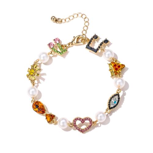 alliage de zinc bracelet, avec coquille & perle de plastique, Placage de couleur d'or, styles différents pour le choix & pour femme & avec strass, Vendu par PC