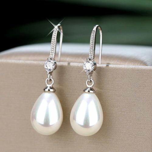 Boucles d'oreilles en laiton zircon cubique pavent, avec perle de plastique, bijoux de mode & pavé de micro zircon & pour femme, 32mm, Vendu par paire