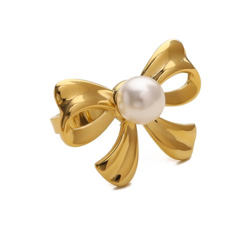 Stainless Steel Finger Ring, 304 Stainless Steel, with Plastic Pearl, Bowknot, fashion jewelry & for woman, golden, Sold By PC