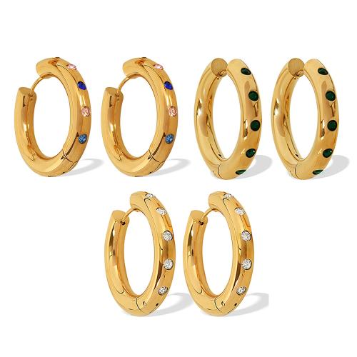 Stainless Steel Hoop Earring, 304 Stainless Steel, 18K gold plated, fashion jewelry & for woman & with rhinestone, golden, 30x30mm, Sold By Pair