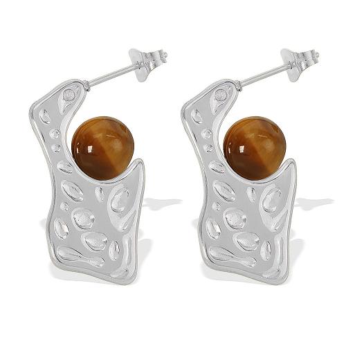 Stainless Steel Stud Earrings, 304 Stainless Steel, with Tiger Eye, fashion jewelry & for woman, more colors for choice, 27x15mm, Sold By Pair