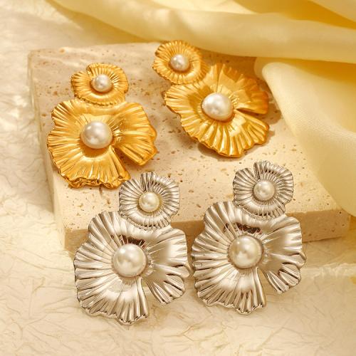 Stainless Steel Drop Earring 304 Stainless Steel with Plastic Pearl Flower plated for woman Sold By Pair