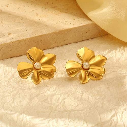 Stainless Steel Stud Earrings, 304 Stainless Steel, with Plastic Pearl, Flower, plated, for woman, more colors for choice, Sold By Pair