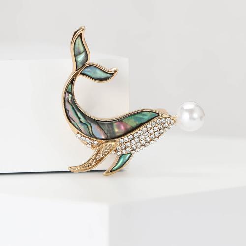 Tibetan Style Brooches, with Abalone Shell & Plastic Pearl, Whale, gold color plated, for woman & with rhinestone, nickel, lead & cadmium free, Sold By PC