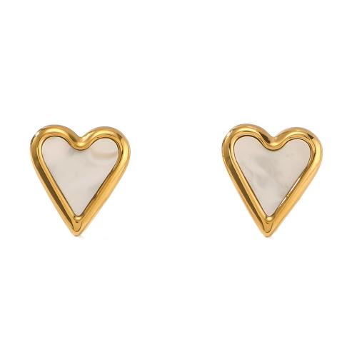 Stainless Steel Stud Earrings, 304 Stainless Steel, with White Shell, Heart, gold color plated, fashion jewelry, golden, 16x16mm, Sold By Pair