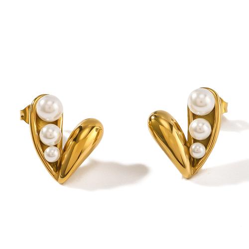 Stainless Steel Stud Earrings, 304 Stainless Steel, with Plastic Pearl, gold color plated, fashion jewelry, golden, 14x16mm, Sold By Pair