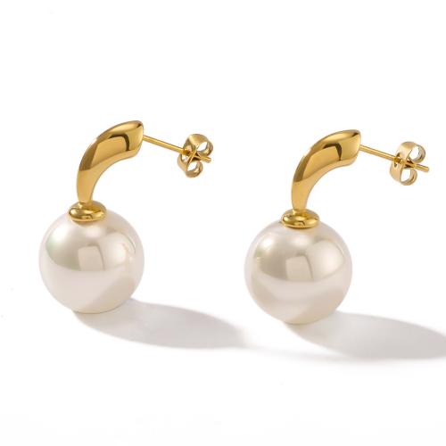 Stainless Steel Stud Earrings, 304 Stainless Steel, with Plastic Pearl, gold color plated, fashion jewelry, golden, 14x27mm, Sold By Pair