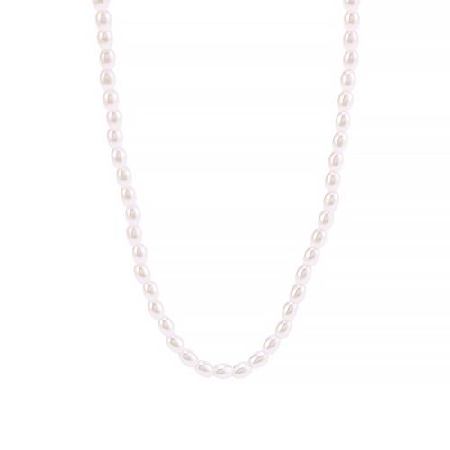Plastik-Perlenkette, 304 Edelstahl, mit Kunststoff Perlen, mit Verlängerungskettchen von 5cm, goldfarben plattiert, Modeschmuck, weiß, Länge:43 cm, verkauft von PC