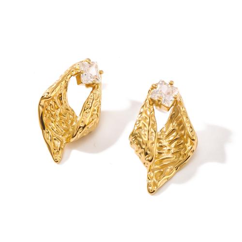 304 Stainless Steel Stud Earring, gold color plated, fashion jewelry & micro pave cubic zirconia, gold, 19x31mm, Sold By Pair
