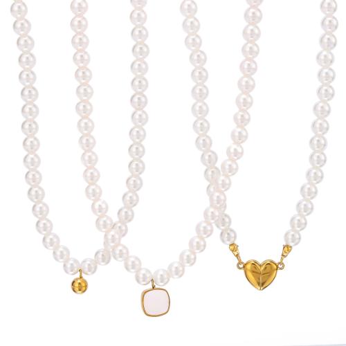 Plastik-Perlenkette, 304 Edelstahl, mit Muschel & Kunststoff Perlen, goldfarben plattiert, Modeschmuck & verschiedene Muster für Wahl, goldfarben, verkauft von PC
