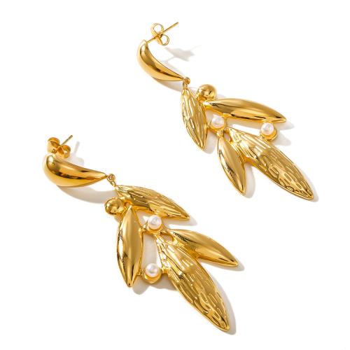 Stainless Steel Drop Earring, 304 Stainless Steel, with Plastic Pearl, gold color plated, fashion jewelry, golden, 24x70mm, Sold By Pair