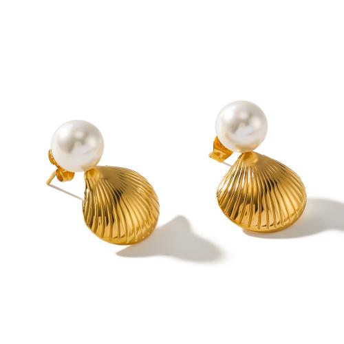304 Stainless Steel Drop Earring, with Plastic Pearl, gold color plated, fashion jewelry, golden, 18x18mm, Sold By Pair