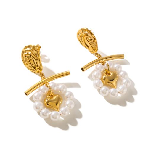 Stainless Steel Drop Earring, 304 Stainless Steel, with Plastic Pearl, gold color plated, fashion jewelry, golden, Sold By Pair