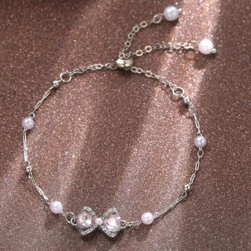 Pulsera de Aleación de Zinc, con Perlas plásticas, Joyería & para mujer & con diamantes de imitación, plateado, longitud:25 cm, Vendido por UD
