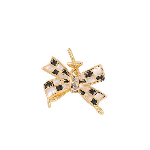 Brass Peg Bail, Bowknot, real gold plated, DIY & micro pave cubic zirconia & enamel, golden, 11x15mm, Sold By PC