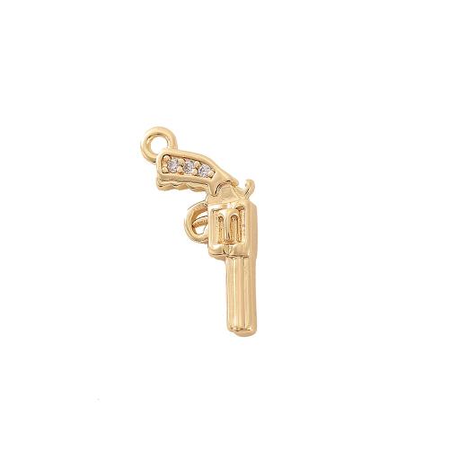 Cubic Zirconia Micro Pave Brass Pendant, Gun, real gold plated, DIY & micro pave cubic zirconia, golden, 10x16mm, Sold By PC