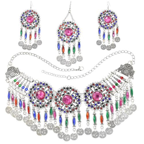 Zinc Alloy Jewelry Sets head collar & earring & necklace plated three pieces & folk style & for woman & with rhinestone Sold By Lot