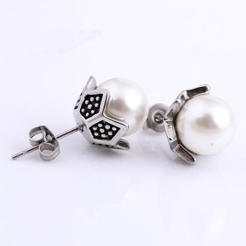 Titanium Steel Stud Earring, with Plastic Pearl, vintage & for woman, white, Sold By Pair