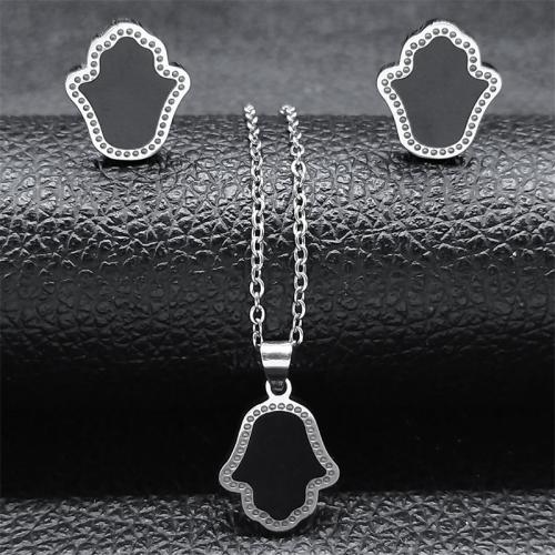 Rhinestone Stainless Steel Jewelry Set, Stud Earring & sweater chain necklace, 304 Stainless Steel, 2 pieces & for woman & with rhinestone, Length:Approx 50 cm, Sold By Set