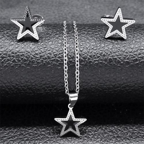 Rhinestone Stainless Steel Jewelry Set, Stud Earring & necklace, 304 Stainless Steel, pentagram, 2 pieces & for woman & with rhinestone, 13x13mm, Length:Approx 50 cm, Sold By Set