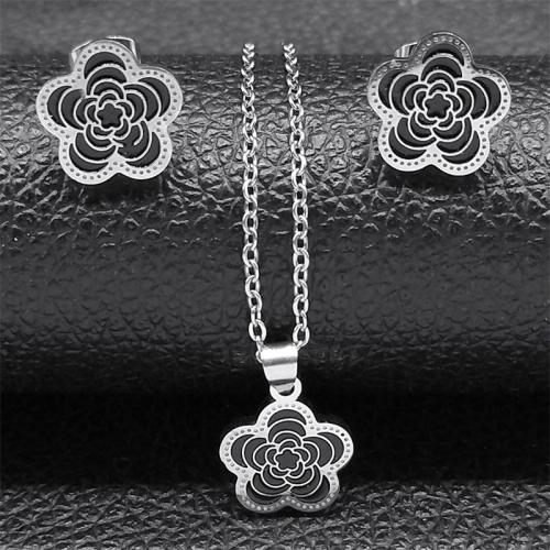 Rhinestone Stainless Steel Jewelry Set, Stud Earring & necklace, 304 Stainless Steel, Flower, 2 pieces & for woman & with rhinestone, 13x13mm, Length:Approx 50 cm, Sold By Set