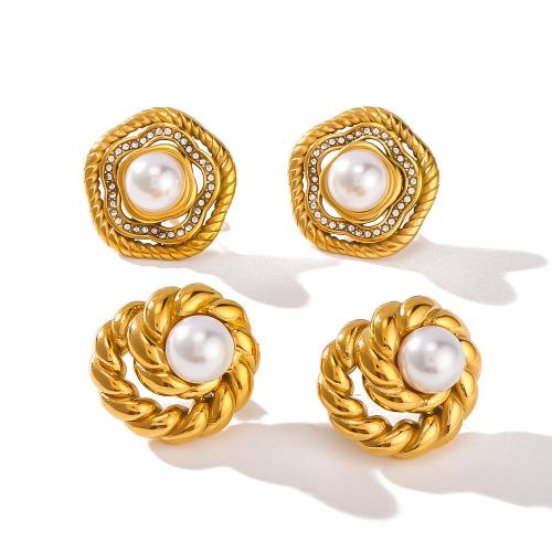 304 Stainless Steel Drop Earring, with Plastic Pearl, gold color plated, fashion jewelry & different designs for choice, golden, Sold By Pair