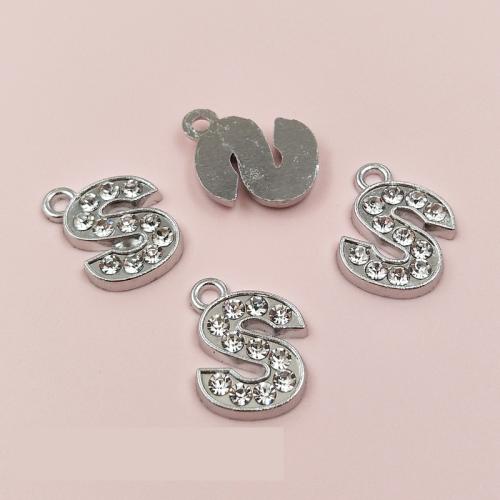 Tibetan Style Rhinestone Pendants, Letter S, silver color plated, DIY & with rhinestone, silver color, nickel, lead & cadmium free, 13x16mm, 50PCs/Bag, Sold By Bag