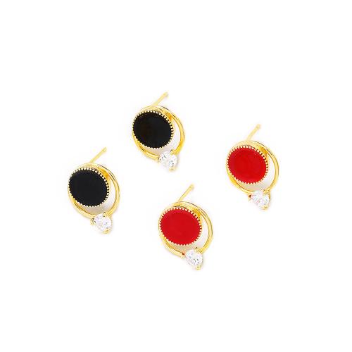 Brass Earring Stud Component, real gold plated, DIY & micro pave cubic zirconia & enamel, more colors for choice, 13x15mm, Sold By Pair