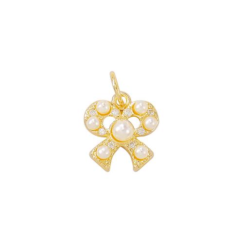 Cubic Zirconia Micro Pave Brass Pendant, with Plastic Pearl, Bowknot, real gold plated, DIY & micro pave cubic zirconia, golden, 9x10mm, Sold By PC