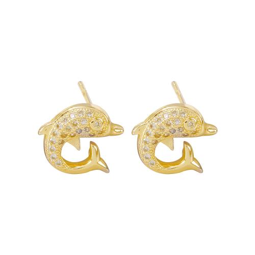 Brass Earring Stud Component, Dolphin, real gold plated, DIY & micro pave cubic zirconia, golden, 8x10mm, Sold By Pair