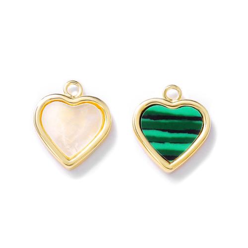 Brass Heart Pendants, with Malachite & Shell, real gold plated, DIY & different materials for choice, more colors for choice, 10x12mm, Sold By PC