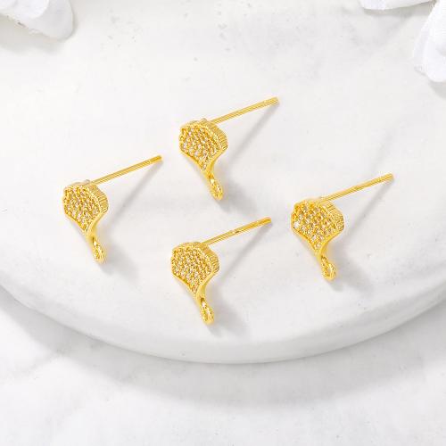 Brass Earring Stud Component, real gold plated, DIY & micro pave cubic zirconia, golden, 10x11mm, Sold By Pair