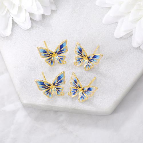 Brass Earring Stud Component, Butterfly, real gold plated, DIY & enamel, golden, 14x14mm, Sold By Pair
