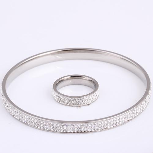 Jewelry Sets, bangle & finger ring, Titanium Steel, 2 pieces & different size for choice & for woman & with rhinestone, original color, The inner diameter of the bracelet is about 65mm and the width is about 5mm, Sold By Set