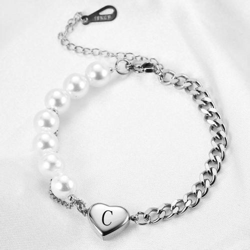 Titanium Steel Bracelet & Bangle, with Plastic Pearl, polished, letters are from A to Z & different designs for choice & for woman, original color, Sold By PC